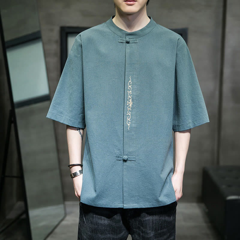 Chemise homme en coton et lin, couleur unie décontractée, à boutons brandebourg brodés, Buddha Stones - image 2