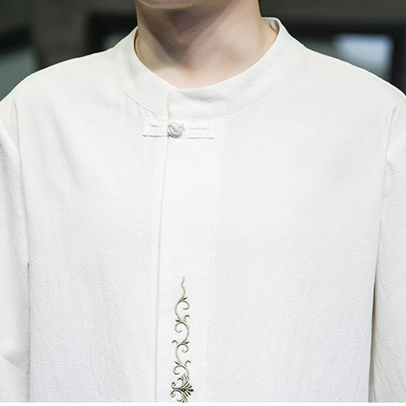 Cardigan décontracté en coton et lin pour homme, couleur unie, avec broderie de boutons grenouille et Buddha Stones - image 30