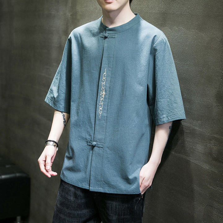 Chemise homme en coton et lin, couleur unie décontractée, à boutons brandebourg brodés, Buddha Stones - image 1