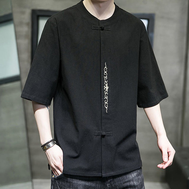 Cardigan décontracté en coton et lin pour homme, couleur unie, avec broderie de boutons grenouille et Buddha Stones - image 23