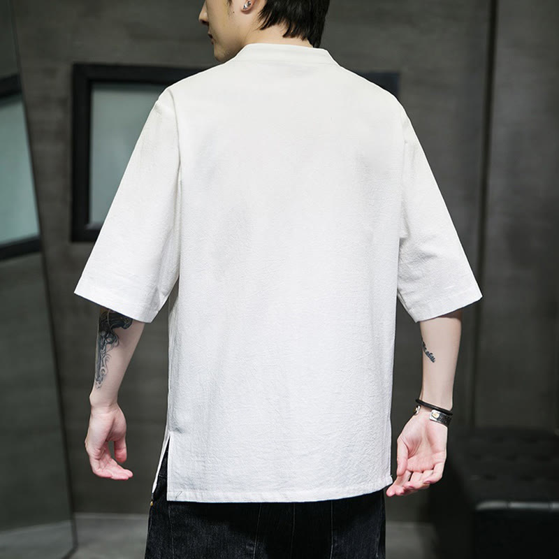 Cardigan décontracté en coton et lin pour homme, couleur unie, avec broderie de boutons grenouille et Buddha Stones - image 26