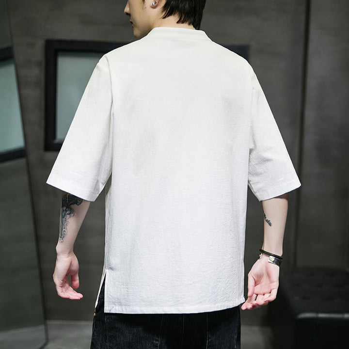 Cardigan décontracté en coton et lin pour homme, couleur unie, avec broderie de boutons grenouille et Buddha Stones - image 26