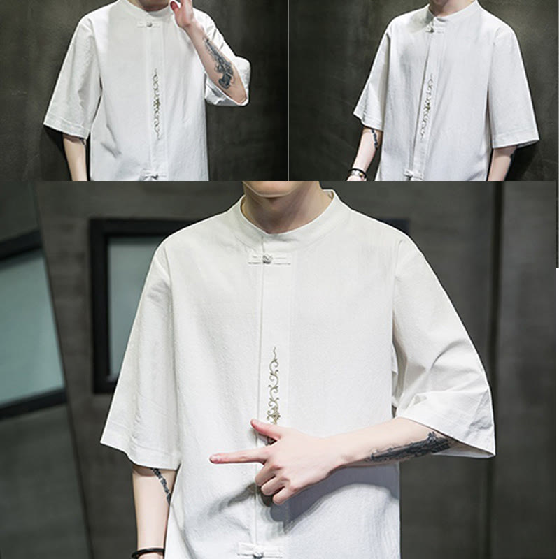 Cardigan décontracté en coton et lin pour homme, couleur unie, avec broderie de boutons grenouille et Buddha Stones - image 32