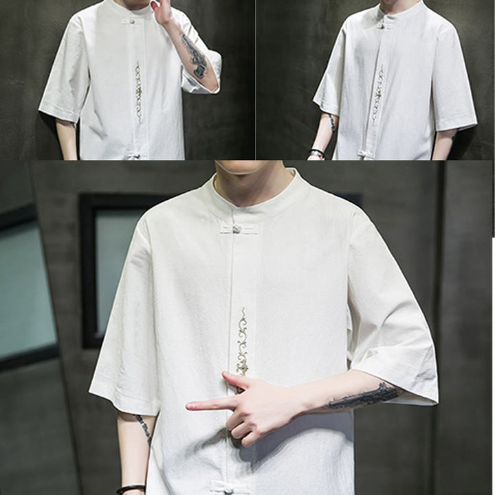 Cardigan décontracté en coton et lin pour homme, couleur unie, avec broderie de boutons grenouille et Buddha Stones - image 32