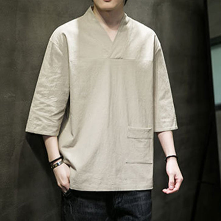 T-shirt d'été décontracté à manches trois-quarts et col en V pour homme, motif Buddha Stones , en coton et lin, avec poche avant - image 3