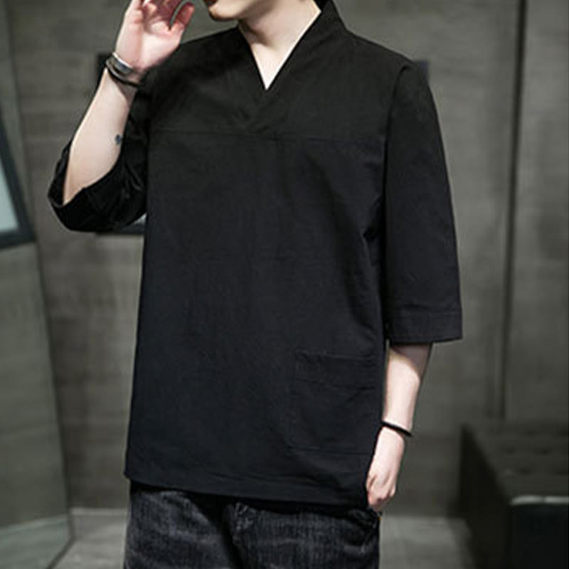 T-shirt d'été décontracté à manches trois-quarts et col en V pour homme, motif Buddha Stones , en coton et lin, avec poche avant - image 17