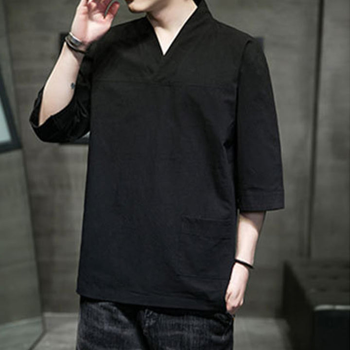 T-shirt d'été décontracté à manches trois-quarts et col en V pour homme, motif Buddha Stones , en coton et lin, avec poche avant - image 17