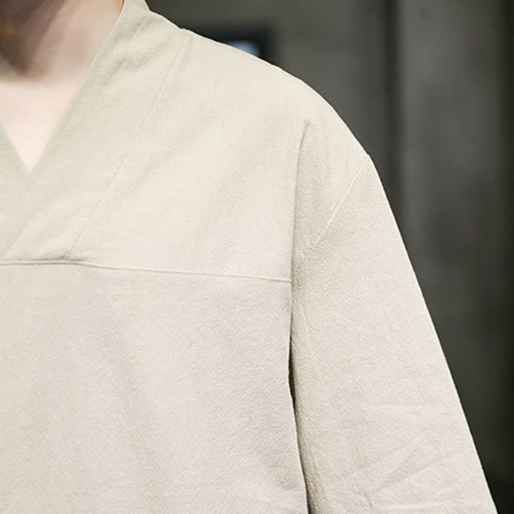 T-shirt d'été décontracté à manches trois-quarts et col en V pour homme, motif Buddha Stones , en coton et lin, avec poche avant - image 8