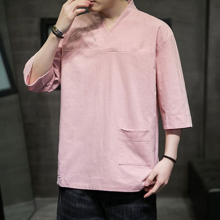 T-shirt d'été décontracté à manches trois-quarts et col en V pour homme, motif Buddha Stones , en coton et lin, avec poche avant - image 12