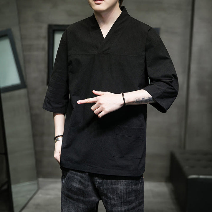 T-shirt d'été décontracté à manches trois-quarts et col en V pour homme, motif Buddha Stones , en coton et lin, avec poche avant - image 18