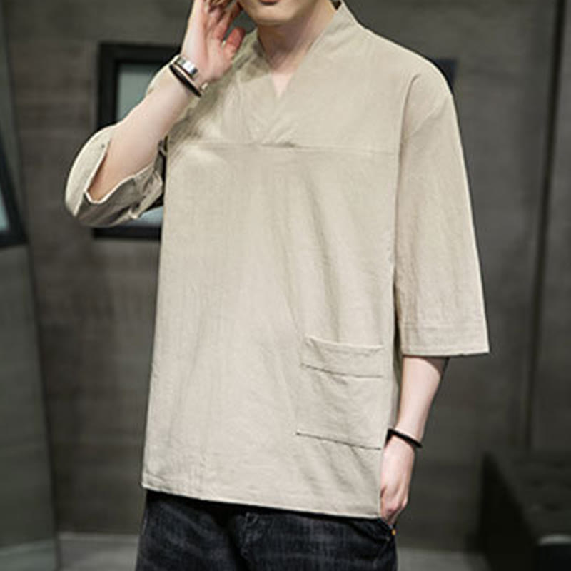 T-shirt d'été décontracté à manches trois-quarts et col en V pour homme, motif Buddha Stones , en coton et lin, avec poche avant - image 4