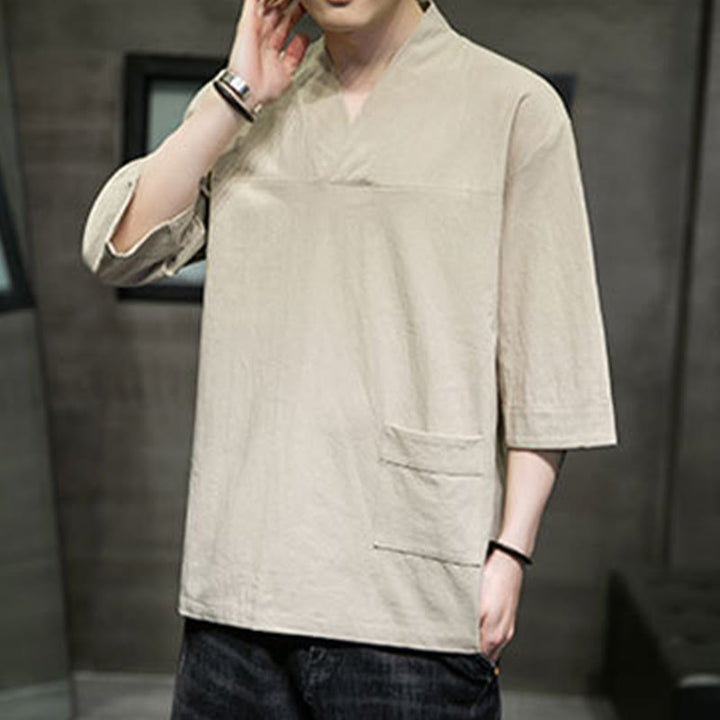 T-shirt d'été décontracté à manches trois-quarts et col en V pour homme, motif Buddha Stones , en coton et lin, avec poche avant - image 4