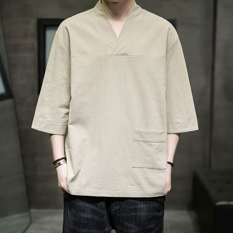 T-shirt d'été décontracté à manches trois-quarts et col en V pour homme, motif Buddha Stones , en coton et lin, avec poche avant - image 1