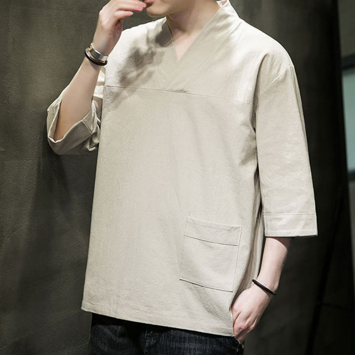 T-shirt d'été décontracté à manches trois-quarts et col en V pour homme, motif Buddha Stones , en coton et lin, avec poche avant - image 5