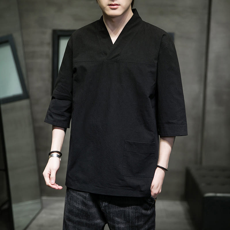 T-shirt d'été décontracté à manches trois-quarts et col en V pour homme, motif Buddha Stones , en coton et lin, avec poche avant - Noir - US/UK/AU46，EU56 (5XL) - image 16