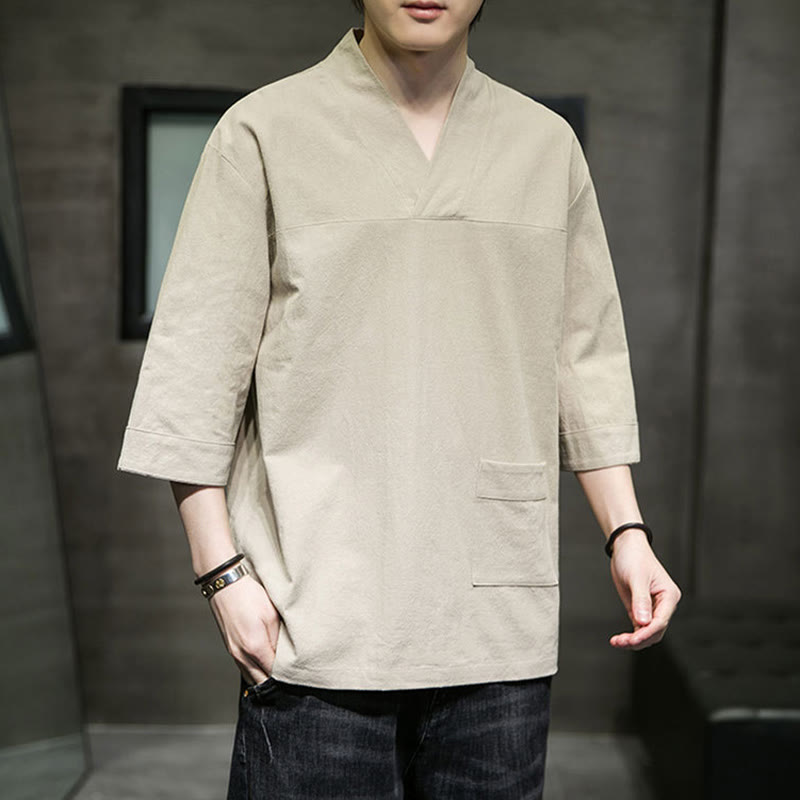T-shirt d'été décontracté à manches trois-quarts et col en V pour homme, motif Buddha Stones , en coton et lin, avec poche avant - Verge d'or pâle - US/UK/AU46，EU56 (5XL) - image 0