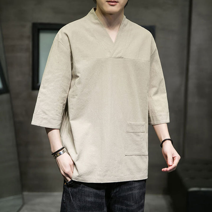T-shirt d'été décontracté à manches trois-quarts et col en V pour homme, motif Buddha Stones , en coton et lin, avec poche avant - Verge d'or pâle - US/UK/AU46，EU56 (5XL) - image 0