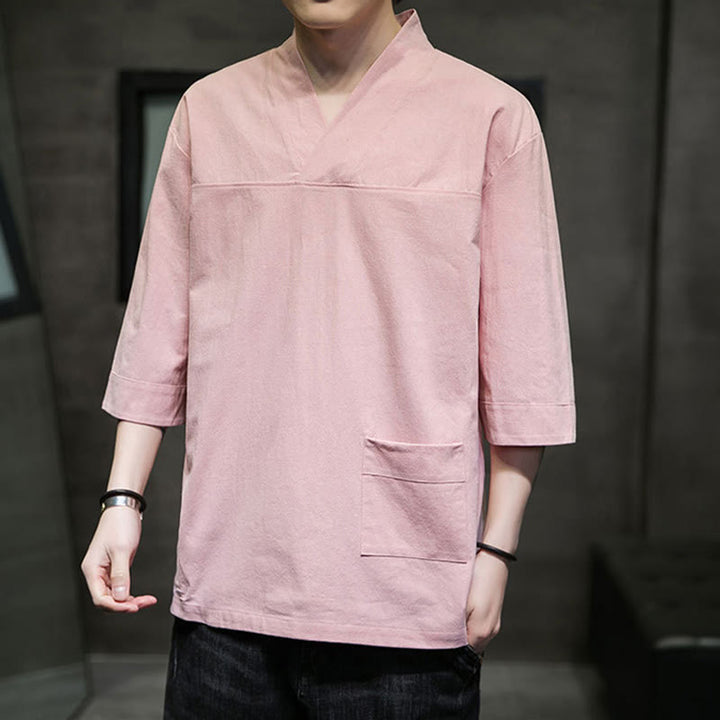 T-shirt d'été décontracté à manches trois-quarts et col en V pour homme, motif Buddha Stones , en coton et lin, avec poche avant - image 10