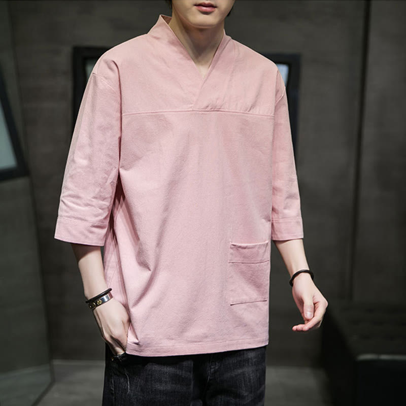 T-shirt d'été décontracté à manches trois-quarts et col en V pour homme, motif Buddha Stones , en coton et lin, avec poche avant - image 11