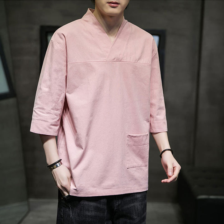 T-shirt d'été décontracté à manches trois-quarts et col en V pour homme, motif Buddha Stones , en coton et lin, avec poche avant - image 11