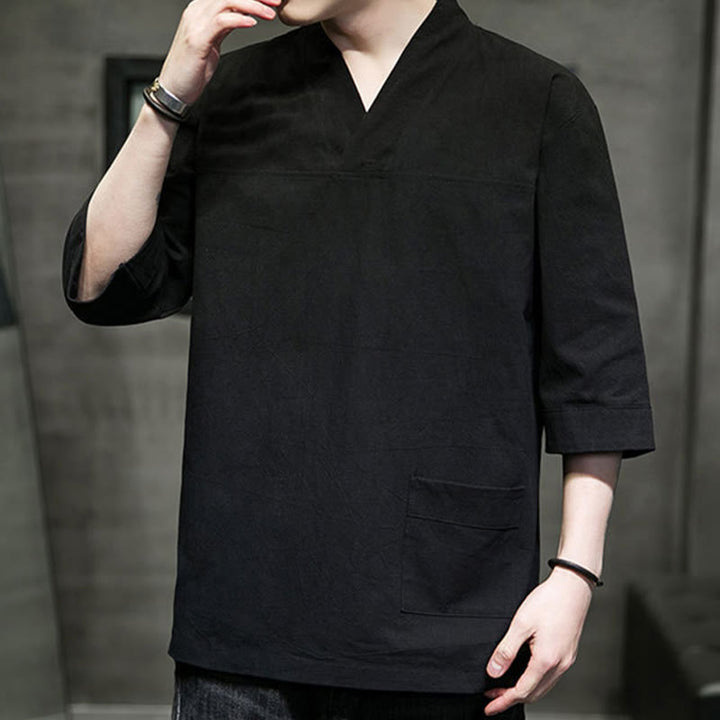 T-shirt d'été décontracté à manches trois-quarts et col en V pour homme, motif Buddha Stones , en coton et lin, avec poche avant - image 22