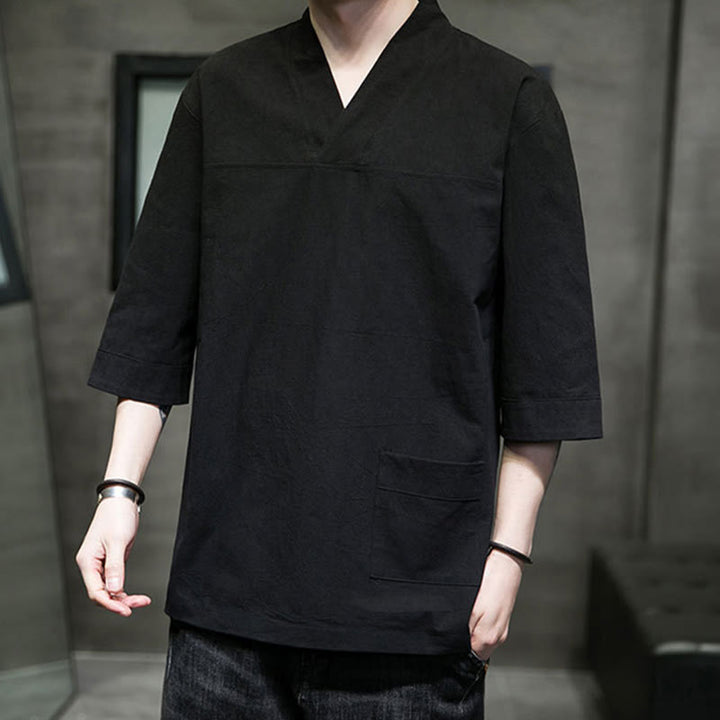 T-shirt d'été décontracté à manches trois-quarts et col en V pour homme, motif Buddha Stones , en coton et lin, avec poche avant - image 19