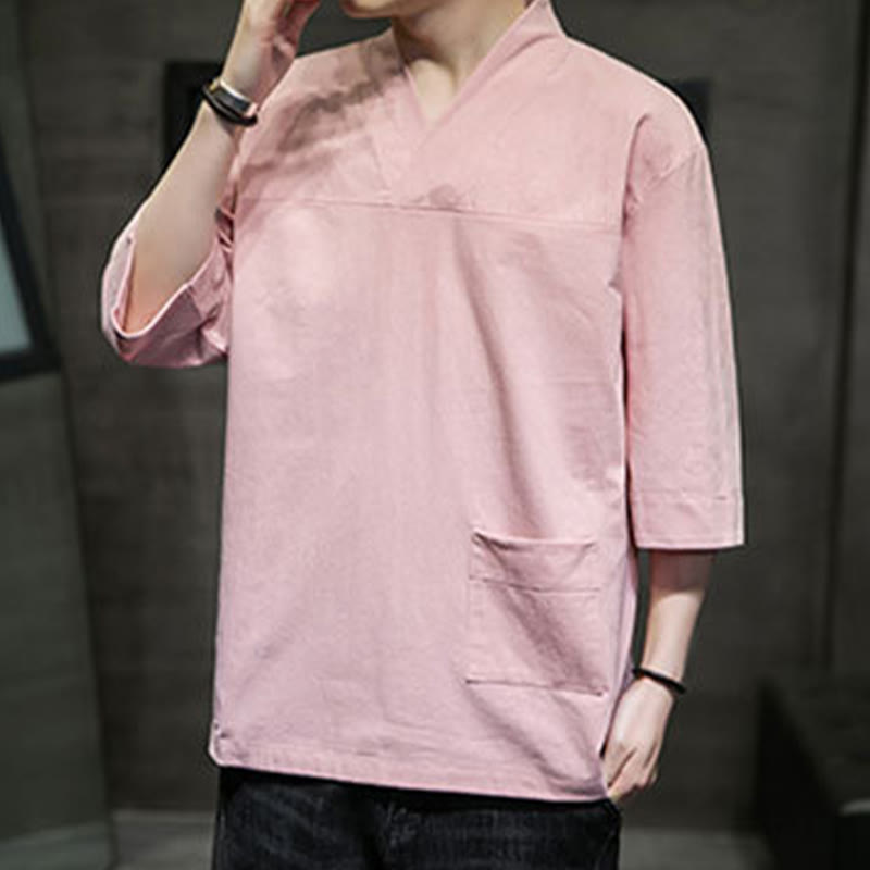 T-shirt d'été décontracté à manches trois-quarts et col en V pour homme, motif Buddha Stones , en coton et lin, avec poche avant - image 13