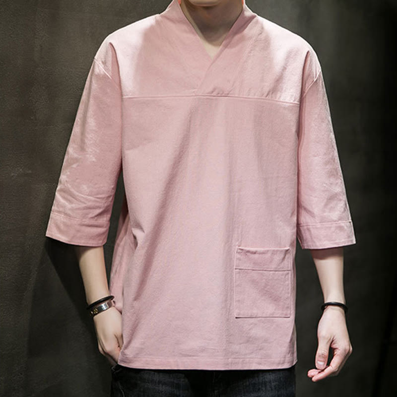 T-shirt d'été décontracté à manches trois-quarts et col en V pour homme, motif Buddha Stones , en coton et lin, avec poche avant - image 15