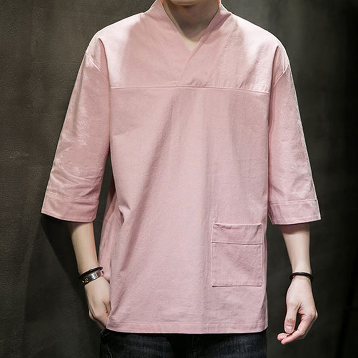 T-shirt d'été décontracté à manches trois-quarts et col en V pour homme, motif Buddha Stones , en coton et lin, avec poche avant - image 15