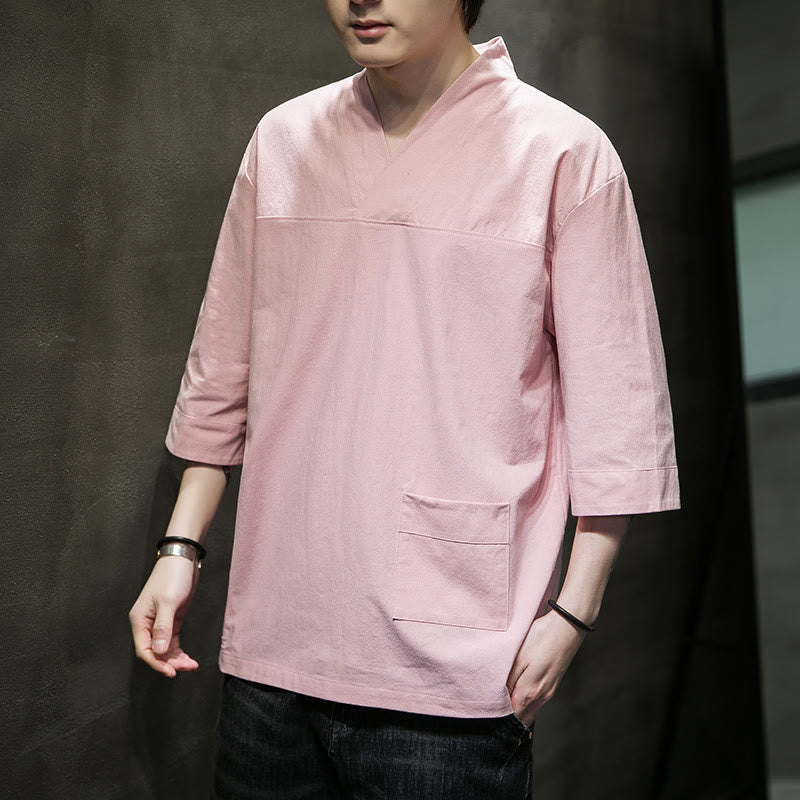 T-shirt d'été décontracté à manches trois-quarts et col en V pour homme, motif Buddha Stones , en coton et lin, avec poche avant - Rose - US/UK/AU46，EU56 (5XL) - image 9