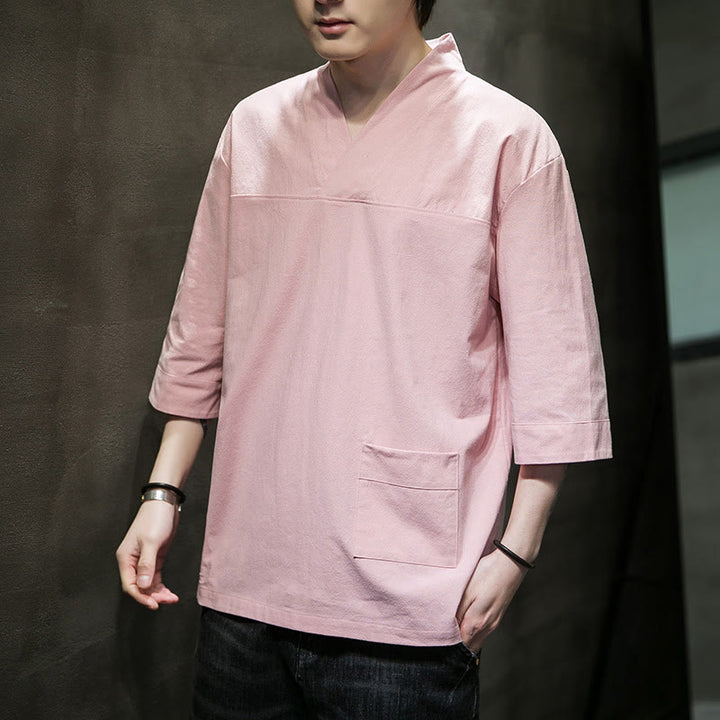 T-shirt d'été décontracté à manches trois-quarts et col en V pour homme, motif Buddha Stones , en coton et lin, avec poche avant - Rose - US/UK/AU46，EU56 (5XL) - image 9