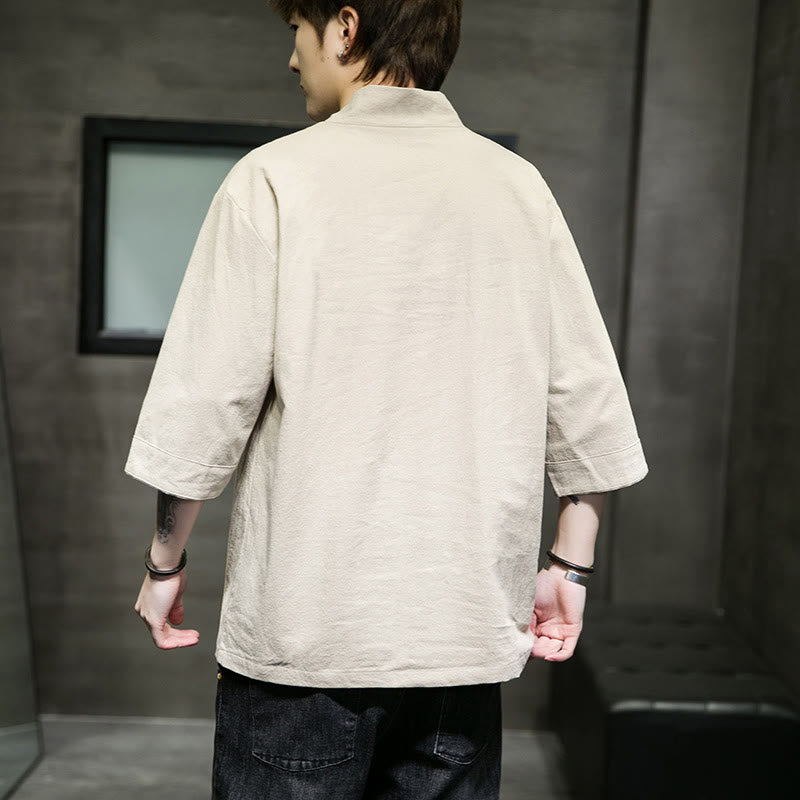 T-shirt d'été décontracté à manches trois-quarts et col en V pour homme, motif Buddha Stones , en coton et lin, avec poche avant - image 2