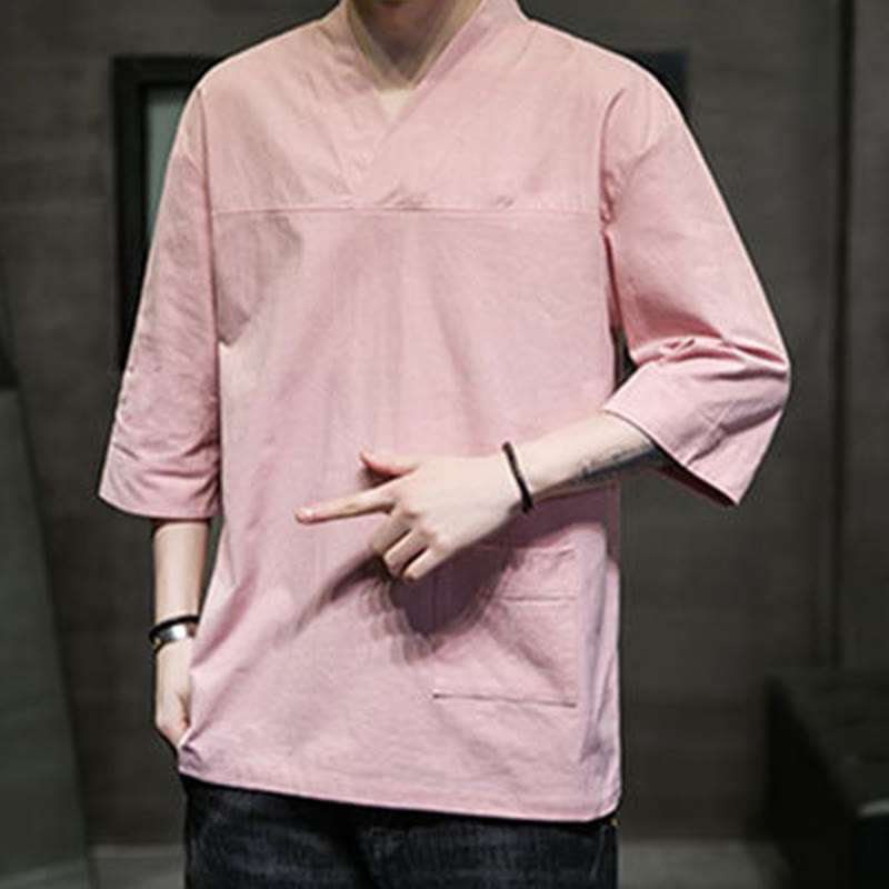 T-shirt d'été décontracté à manches trois-quarts et col en V pour homme, motif Buddha Stones , en coton et lin, avec poche avant - image 14