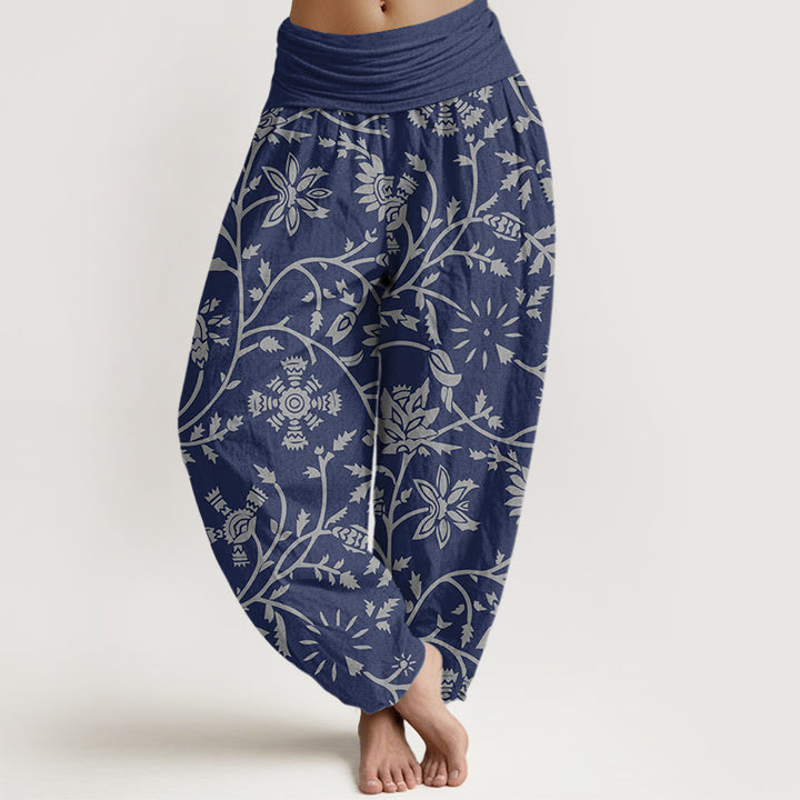Pantalon harem à taille élastique pour femme, en coton décontracté, motif floral et branches ondulantes, avec Buddha Stones - Marine - US22，UK/AU26，EU54 (6XL) - image 0