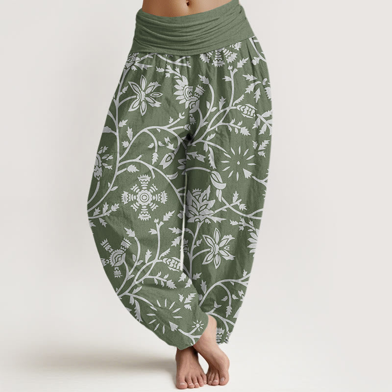 Pantalon harem à taille élastique pour femme, en coton décontracté, motif floral et branches ondulantes, avec Buddha Stones - Vert foncé - US22，UK/AU26，EU54 (6XL) - image 4