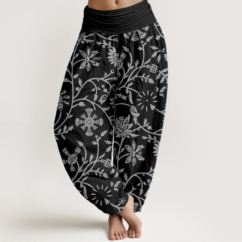 Pantalon harem à taille élastique pour femme, en coton décontracté, motif floral et branches ondulantes, avec Buddha Stones - Noir - US22，UK/AU26，EU54 (6XL) - image 7