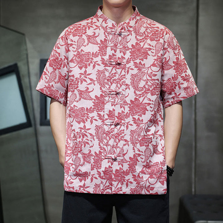Chemise homme en coton avec poches, motif cachemire jacquard décontracté Buddha Stones, boutons brandebourg - Rouge violet pâle - US/UK/AU44，EU54 (4XL) - image 0
