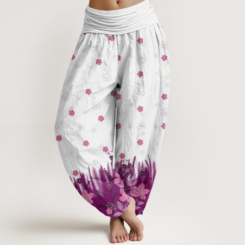 Pantalon Buddha Stones décontracté à taille élastique pour femme avec motif floral et feuilles d'herbe - Violet - US22，UK/AU26，EU54 (6XL) - image 1
