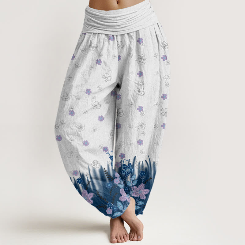 Pantalon Buddha Stones décontracté à taille élastique pour femme avec motif floral et feuilles d'herbe - Bleu acier - US22，UK/AU26，EU54 (6XL) - image 5