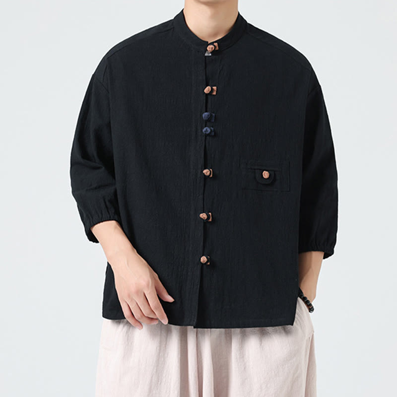 Chemise d'été pour homme en coton, manches trois-quarts, col montant à boutons grenouille, avec poche, Buddha Stones - image 14