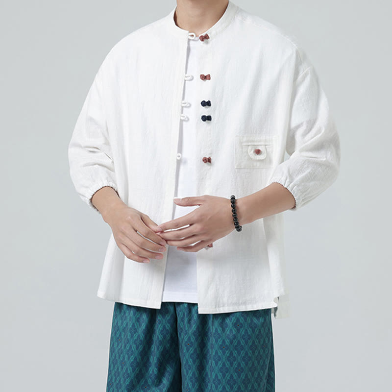 Buddha Stones d'été en coton à manches trois-quarts et col montant pour homme avec boutons grenouille et poche