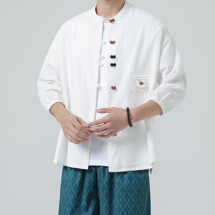 Buddha Stones d'été en coton à manches trois-quarts et col montant pour homme avec boutons grenouille et poche