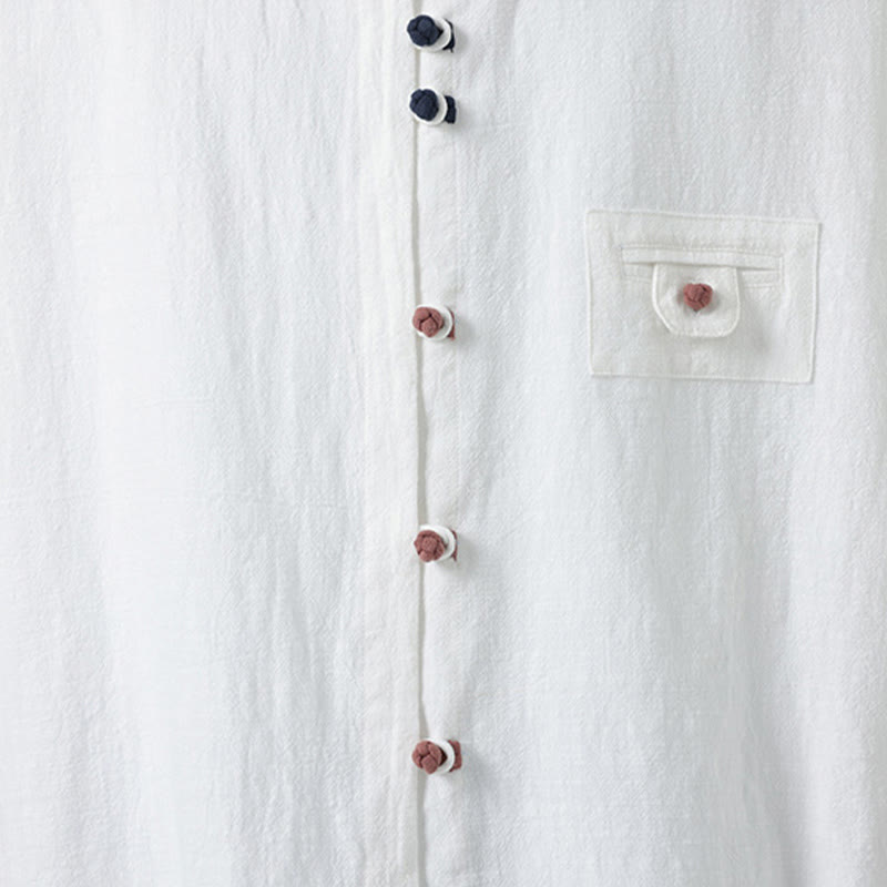 Buddha Stones d'été en coton à manches trois-quarts et col montant pour homme avec boutons grenouille et poche - image 7