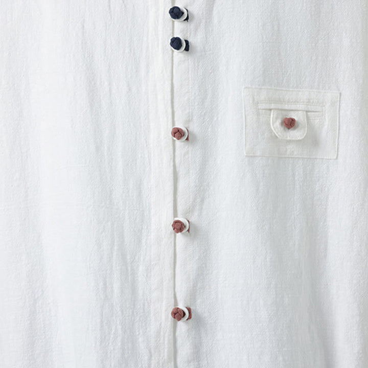 Buddha Stones d'été en coton à manches trois-quarts et col montant pour homme avec boutons grenouille et poche - image 7