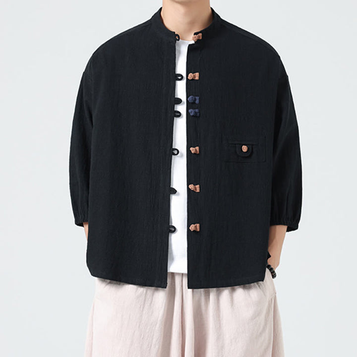 Chemise d'été pour homme en coton, manches trois-quarts, col montant à boutons grenouille, avec poche, Buddha Stones - image 11