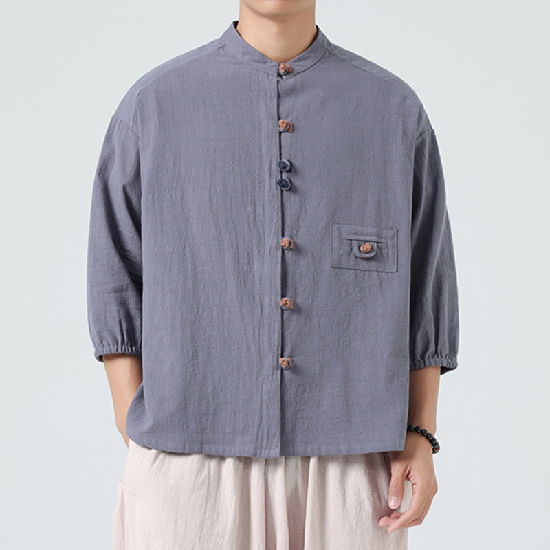 Chemise d'été pour homme en coton, manches trois-quarts, col montant à boutons grenouille, avec poche, Buddha Stones - image 21