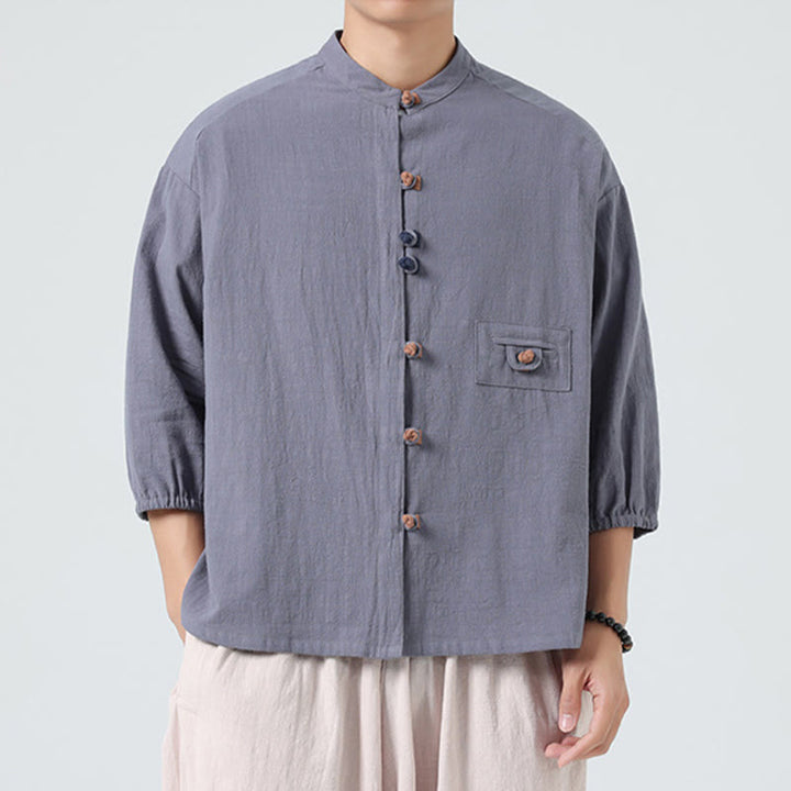 Chemise d'été pour homme en coton, manches trois-quarts, col montant à boutons grenouille, avec poche, Buddha Stones - image 21