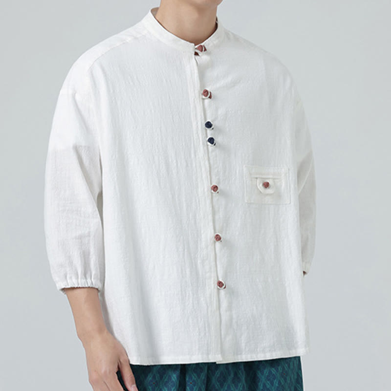 Chemise d'été pour homme en coton, manches trois-quarts, col montant à boutons grenouille, avec poche, Buddha Stones - image 5