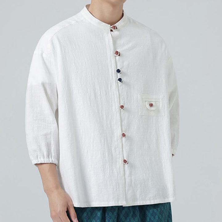 Chemise d'été pour homme en coton, manches trois-quarts, col montant à boutons grenouille, avec poche, Buddha Stones - image 5