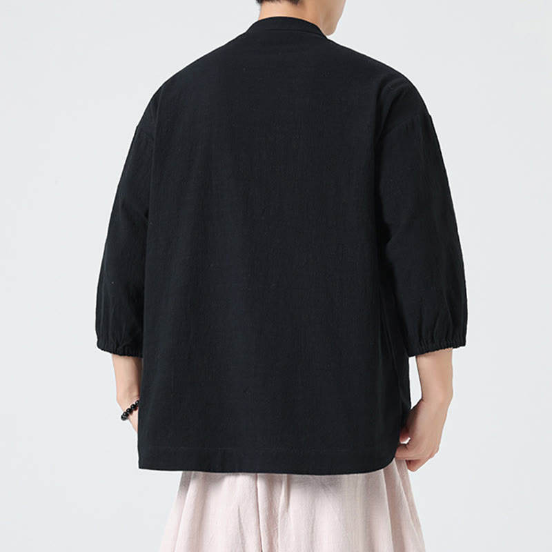 Buddha Stones d'été en coton à manches trois-quarts et col montant pour homme avec boutons grenouille et poche - image 15